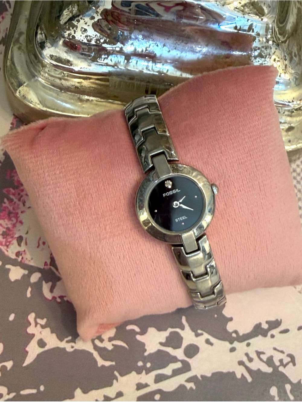 Fossil Arkitekt Silver-Tone Ladies Watch with Black Dial and Diamond Accent